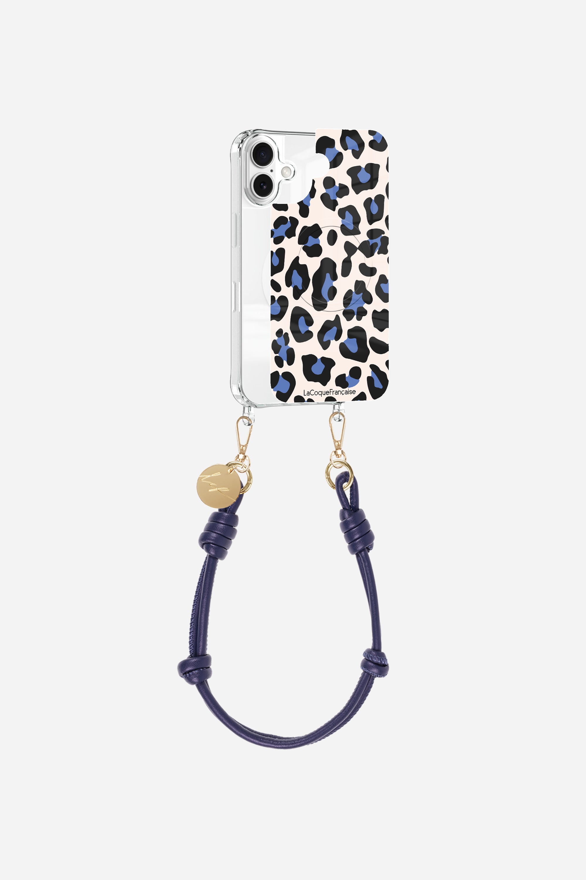 Coque anneaux + Plaque + chaine courte Léopard Bleu et Beige