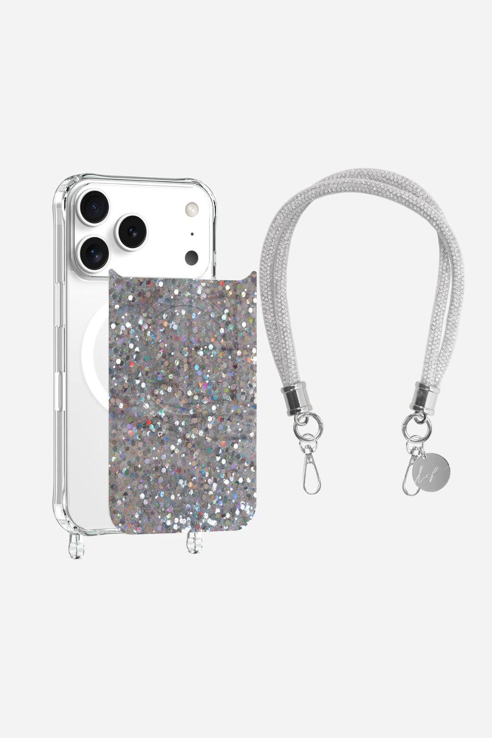 Ensemble Coque Magsafe Transparente, Plaque Magnétique Paillette Argent et Chaîne Courte Mariah Argent