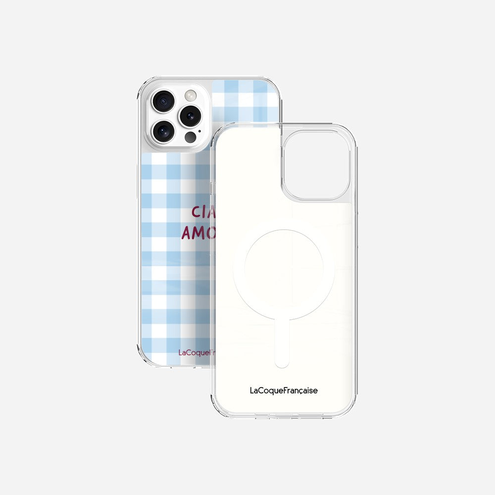 Coque Sans Anneaux Imprimee Ciao Amore Vichy Bleu