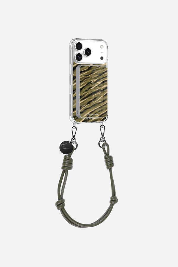 Coque anneaux miroir + batterie + chaine courte imprimee zebre kaki
