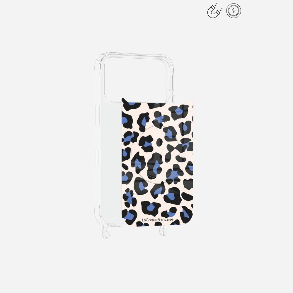 Coque anneaux + Plaque + chaine courte Léopard Bleu et Beige - 3