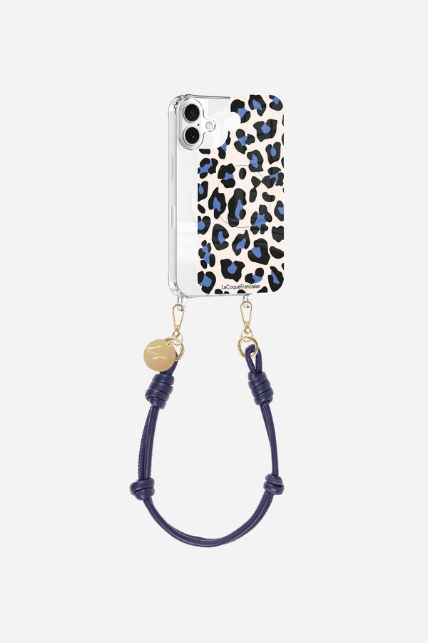 Coque anneaux + Plaque + chaine courte Léopard Bleu et Beige