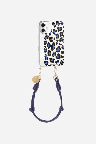 Coque anneaux + Plaque + chaine courte Léopard Bleu et Beige