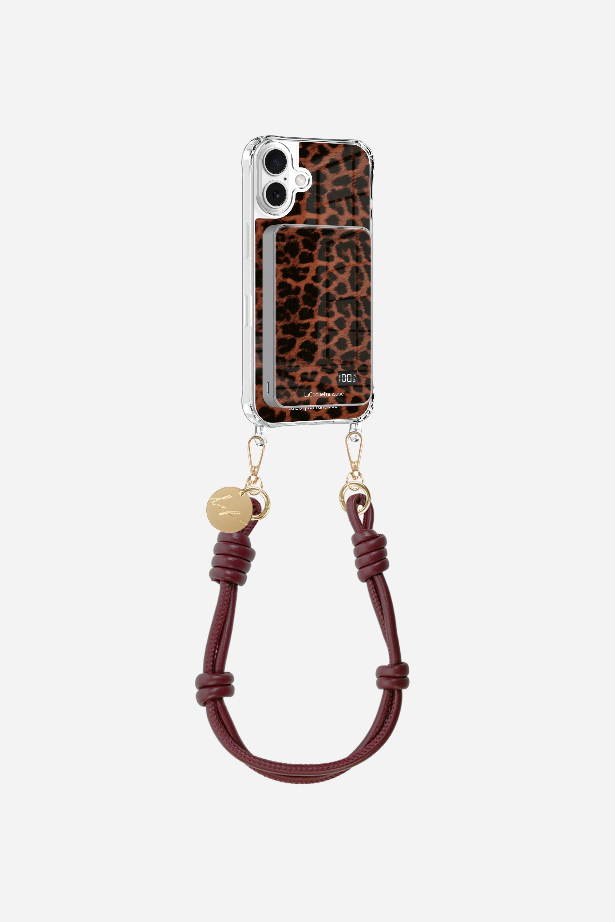 Coque anneaux + batterie + chaine courte Léopard Terracotta et Noir