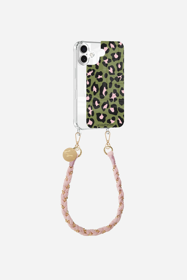 Coque anneaux + Plaque + chaine courte Léopard Kaki et Rose